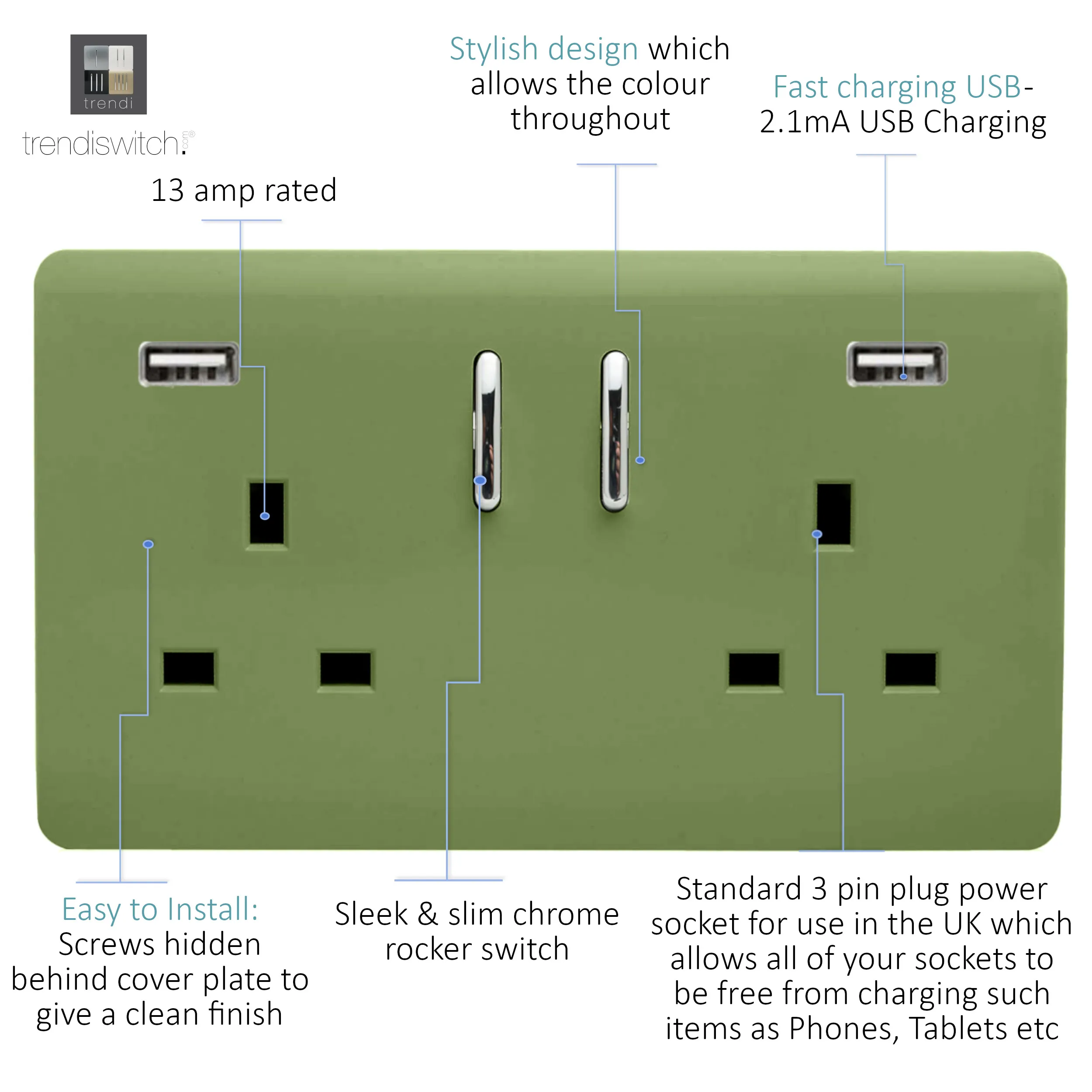 2 Gang 13Amp Short S/W Double Socket With 2x3.1Mah USB Moss Green ART-SKT213USB31AAMG  Trendi Moss Green